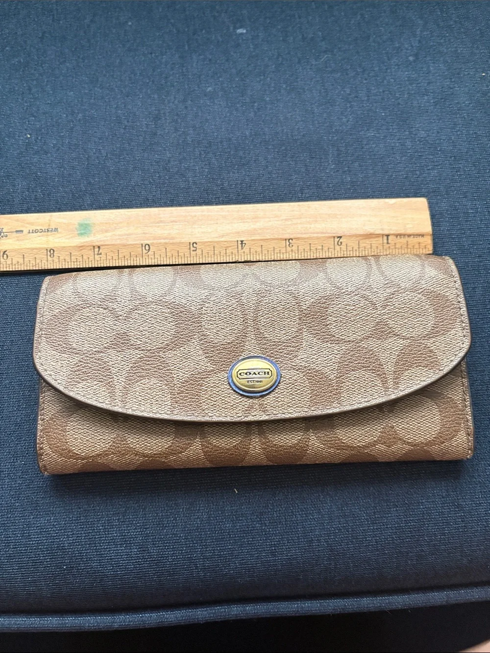 Coach Brown Signature Flap Wallet with Logo Emblem